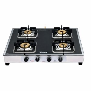 CXJ-42 Hot Star (Golden Surya Premium Design Toughened Glass Top Stainless Steel Body Forged Brass 4 Burner Manual Ignition Gas Stove)