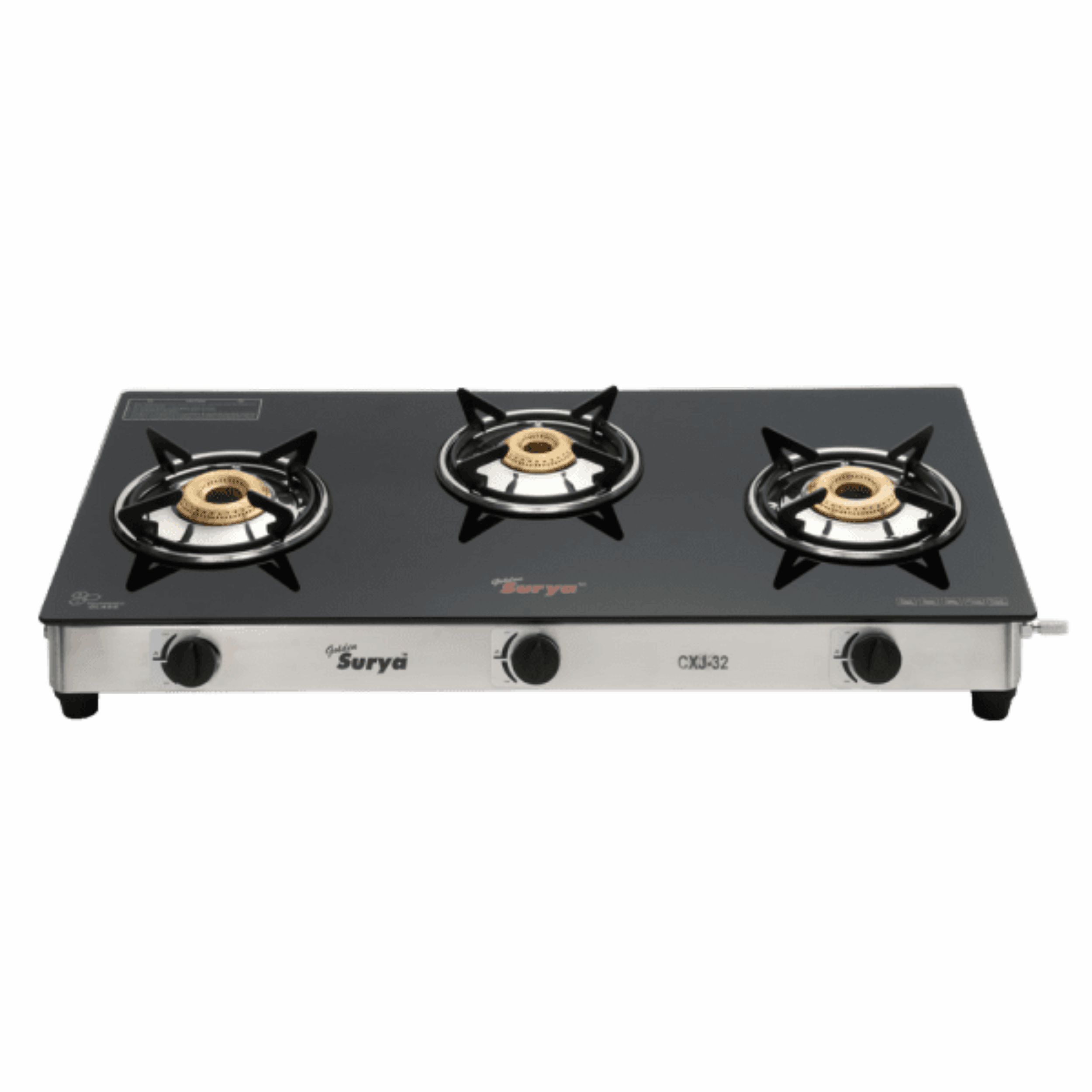 CXJ-32 SS (Golden Surya Toughened Glass Top Stainless Steel Body 3 Brass Burners Manual Ignition Gas Stove)