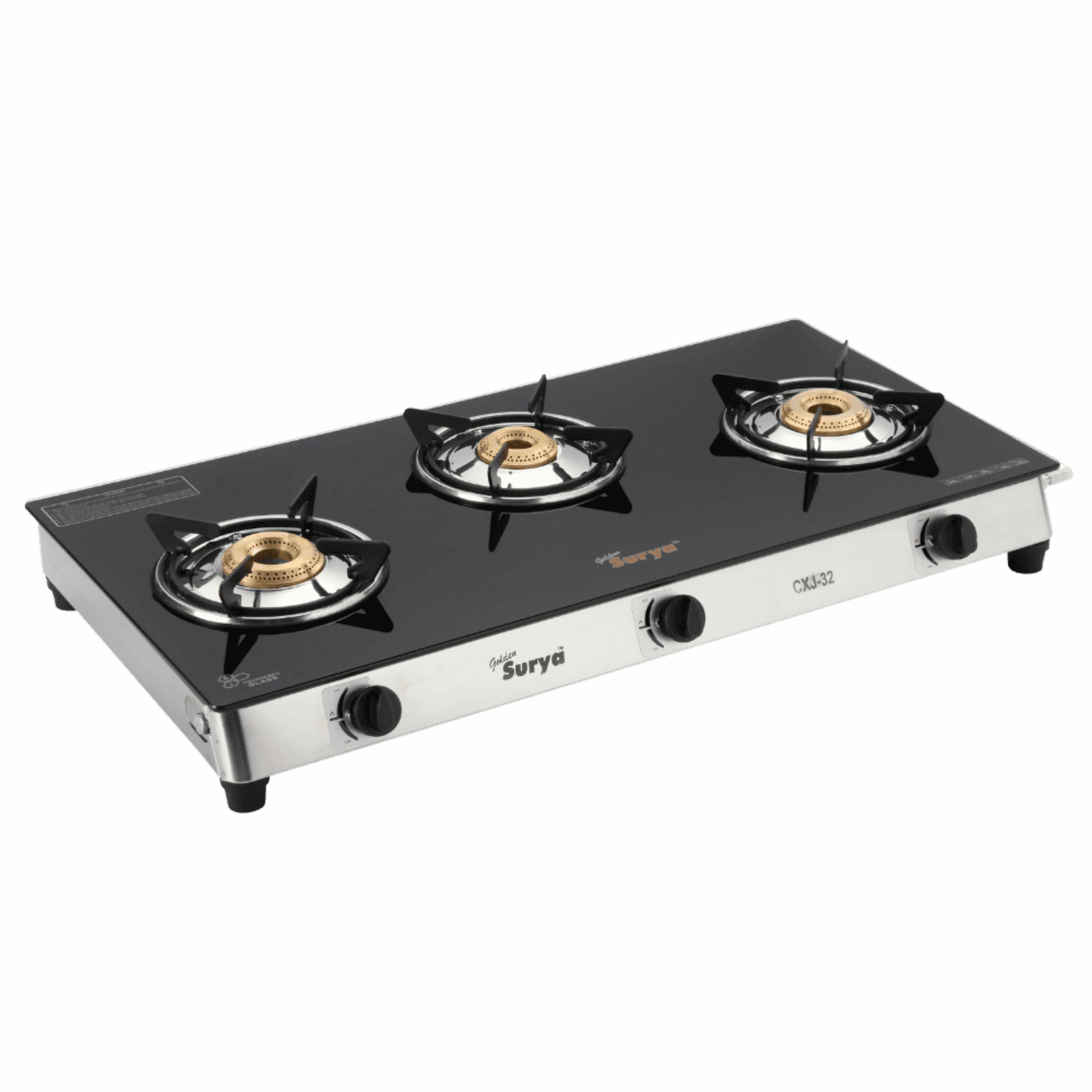 CXJ-32 SS (Golden Surya Toughened Glass Top Stainless Steel Body 3 Brass Burners Manual Ignition Gas Stove) - Image 2