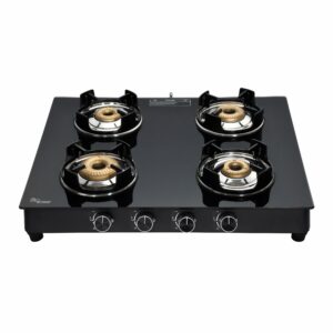 CXJ–42 MS DT (Golden Surya Premium Toughened Glass Top Mild Steel Body Manual Ignition Forged Brass 4 Burner Gas Stove)
