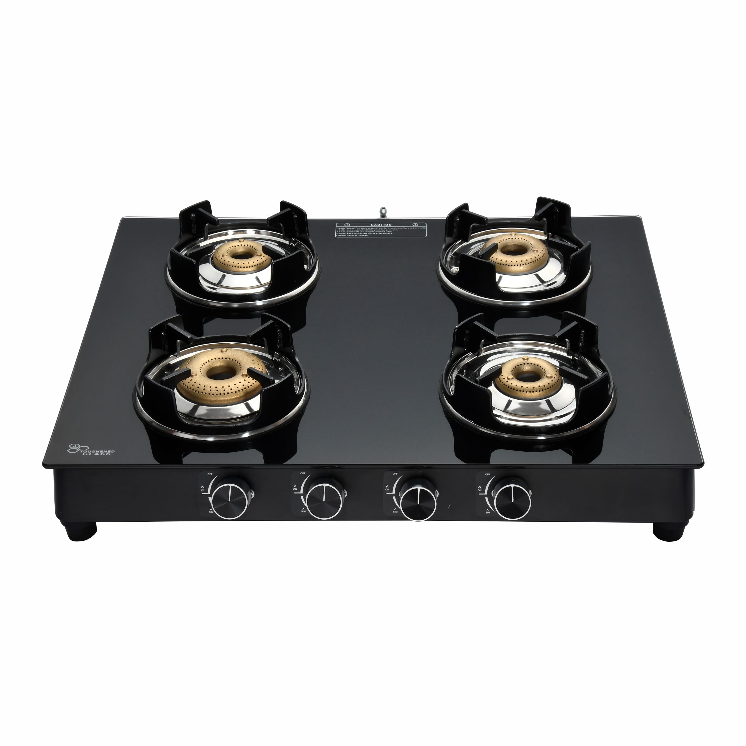 CXJ–42 MS DT (Golden Surya Premium Toughened Glass Top Mild Steel Body Manual Ignition Forged Brass 4 Burner Gas Stove)