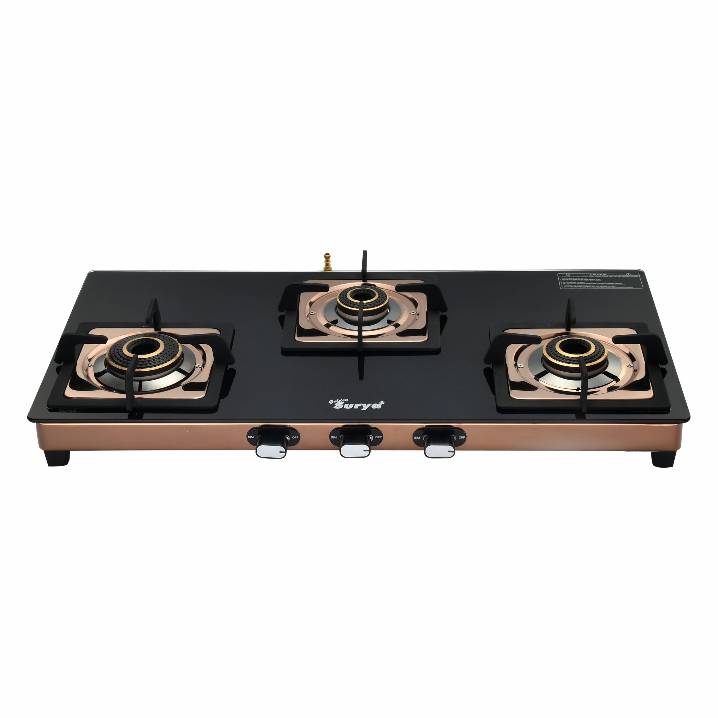 Desire (Golden Surya Premium Toughened Glass Top Stainless Steel Body Manual Ignition Forged Brass Burner Rose Gold Finish Gas Stove)