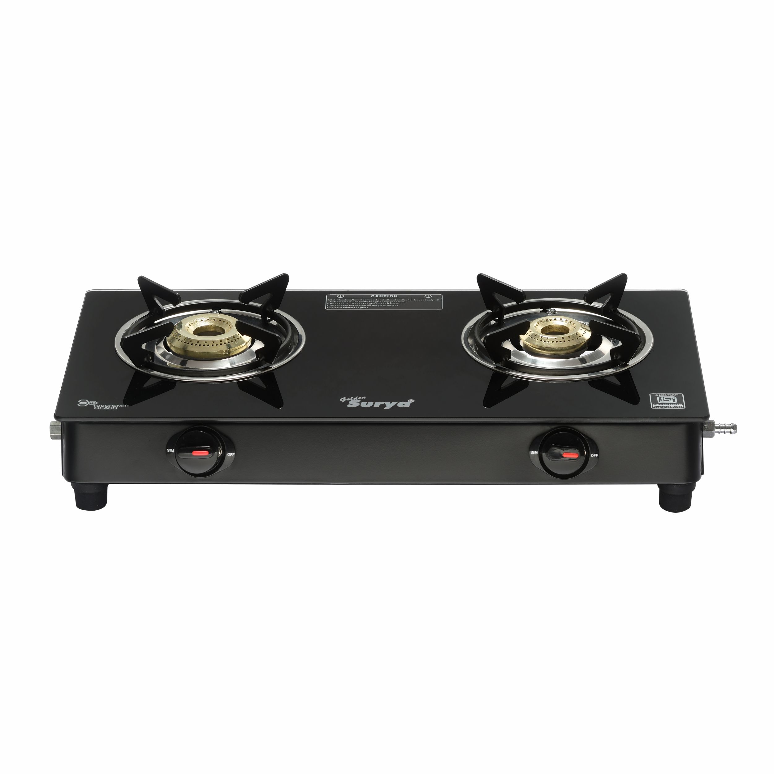 Golden Surya Spark, Premium Toughened Glass Top, ISI Certified, LPG Use" ( MS Poder Coated) Iron Manual Gas Stove (2 Burners)